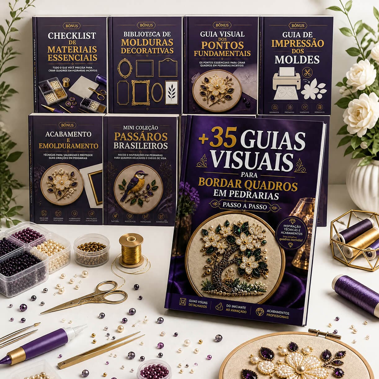 +35 guias visuais para bordar quadros em pedrarias passo a passo