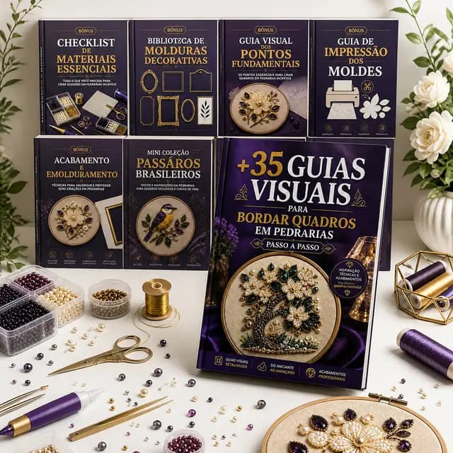 +35 guias visuais para bordar quadros em pedrarias passo a passo